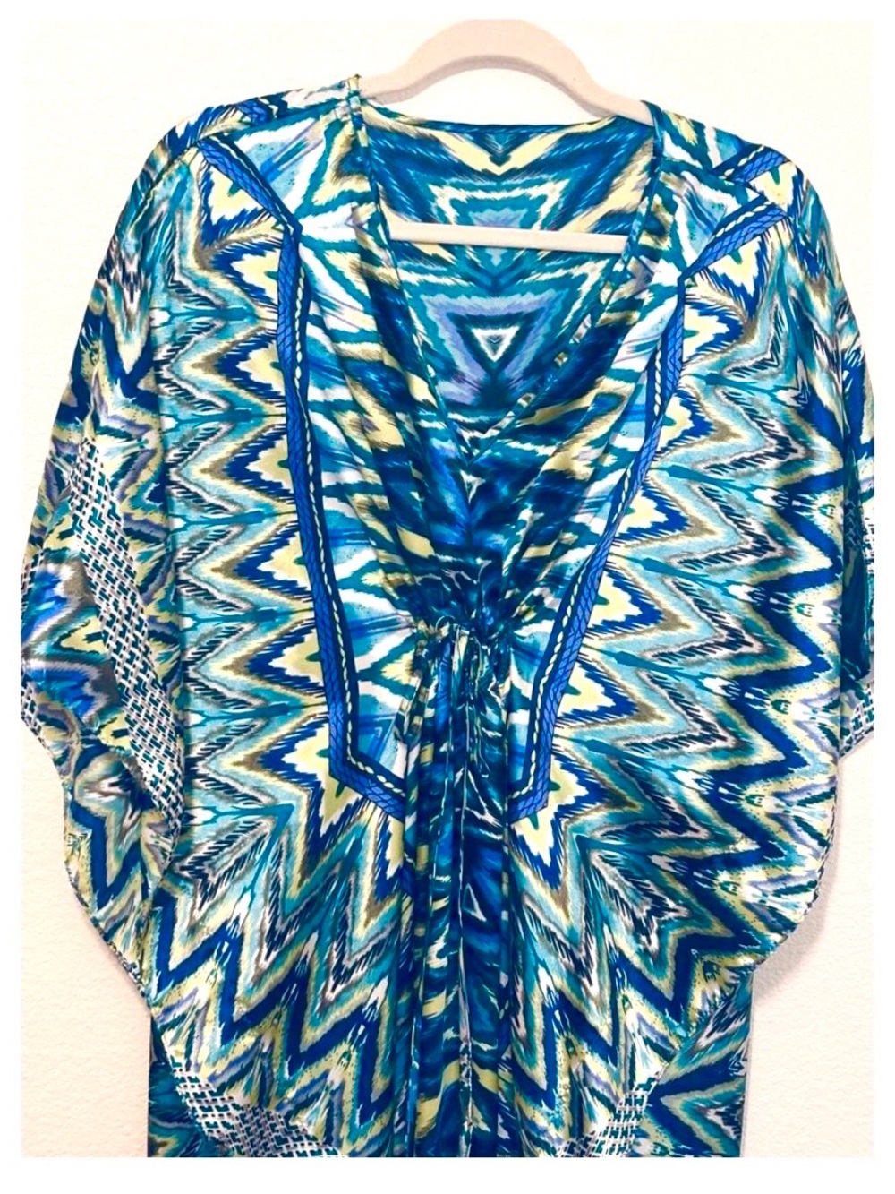 CARESS mixed Blue Drawstring Lounge Swim Coverup Caftan Resort-wear Dress - Picture 3 of 5